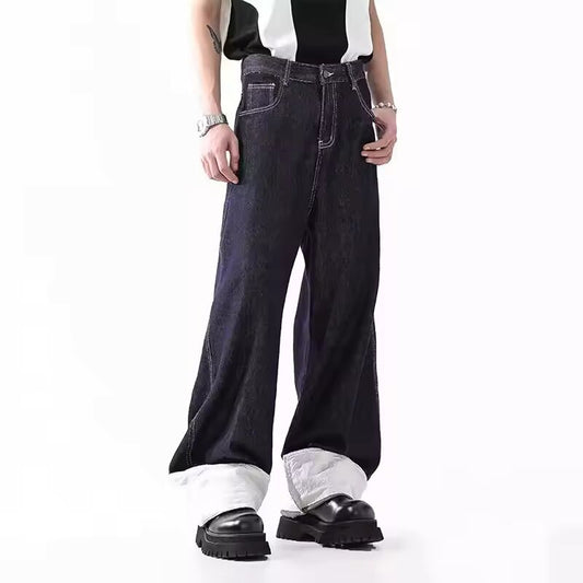 IEFB Niche Design Men Jeans Washed Turnup Contrast Color Silhouette Straight Leg Vintage All-match Loose Male Denim Pants 9W3975